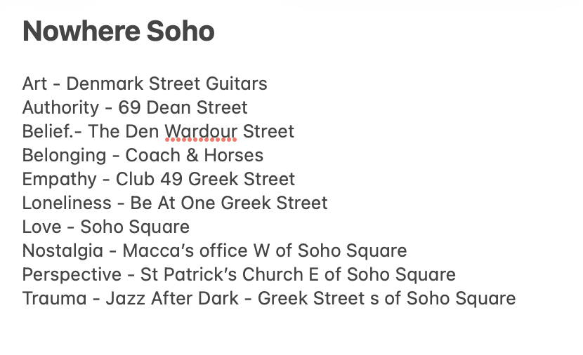 A list of themes and locations in Soho, including Art - Denmark Street Guitars, and Love - Soho Square
