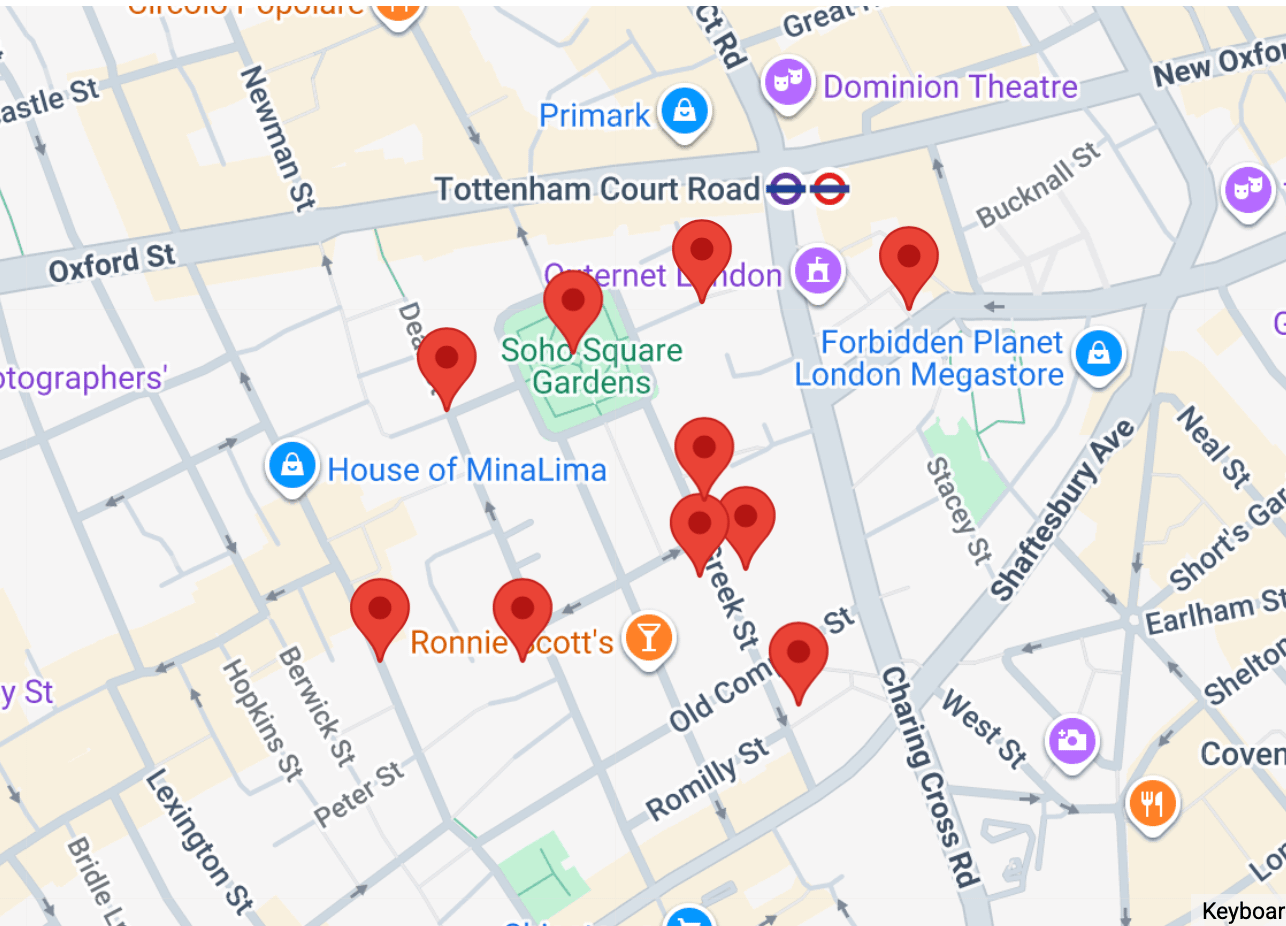 A map of locations in Soho