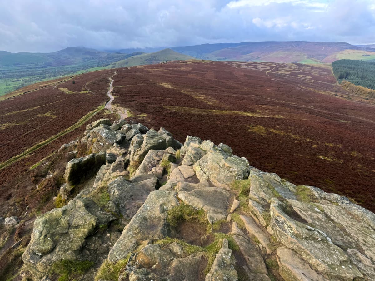 a trail across the brown heather ridge of Win Hill