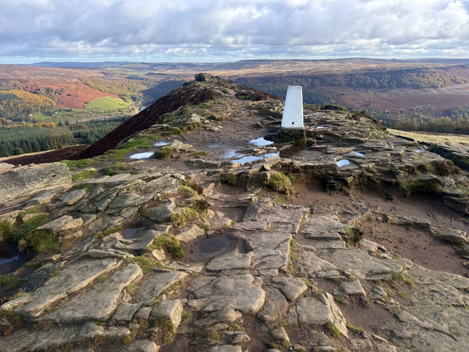 The rocky top of Win Hill with the autumn slopes of the Peak District stretching beyond