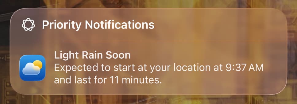 iPhone alert saying Light Rain Soon: Expected to start at your location at 9:37am and last for 11 minutes