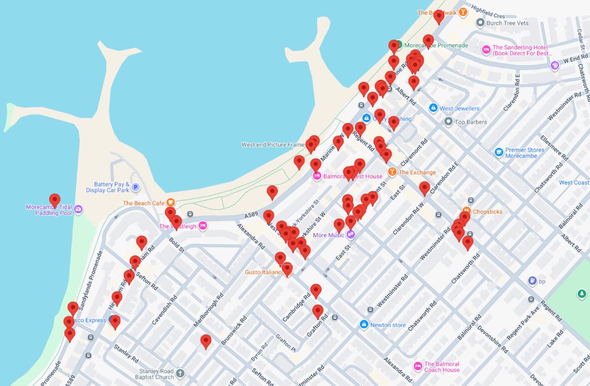 A map of Morecambe with red pins showing the locations of 70 or so participants