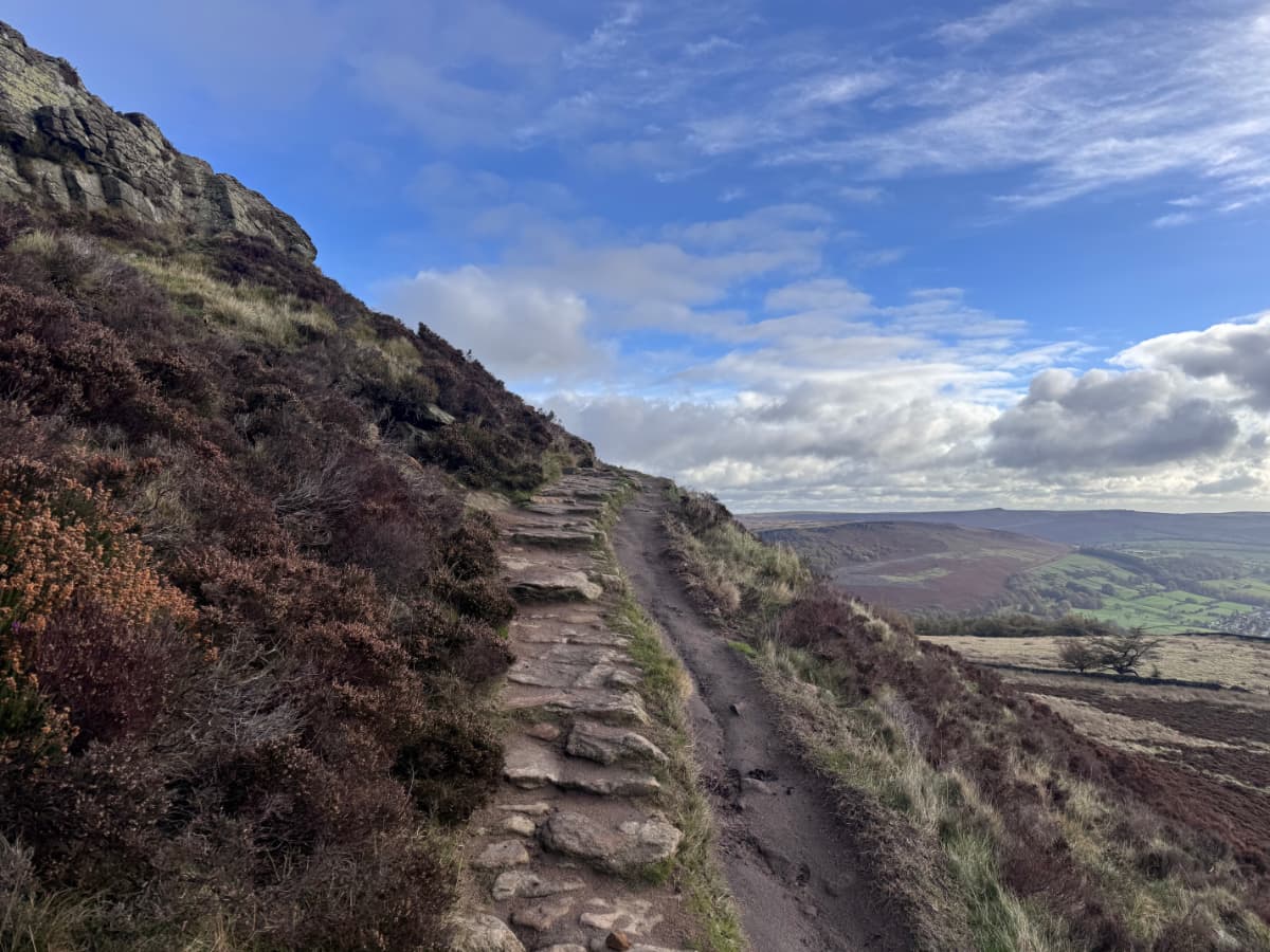 A narrow stone path along the side of Win Hill Pike