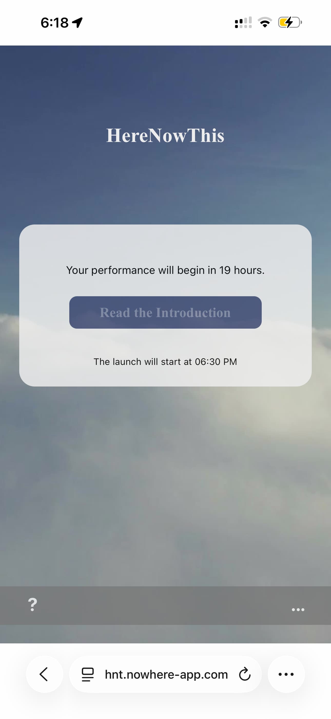 The HereNowThis app in a Safari panel on an iPhone, saying 