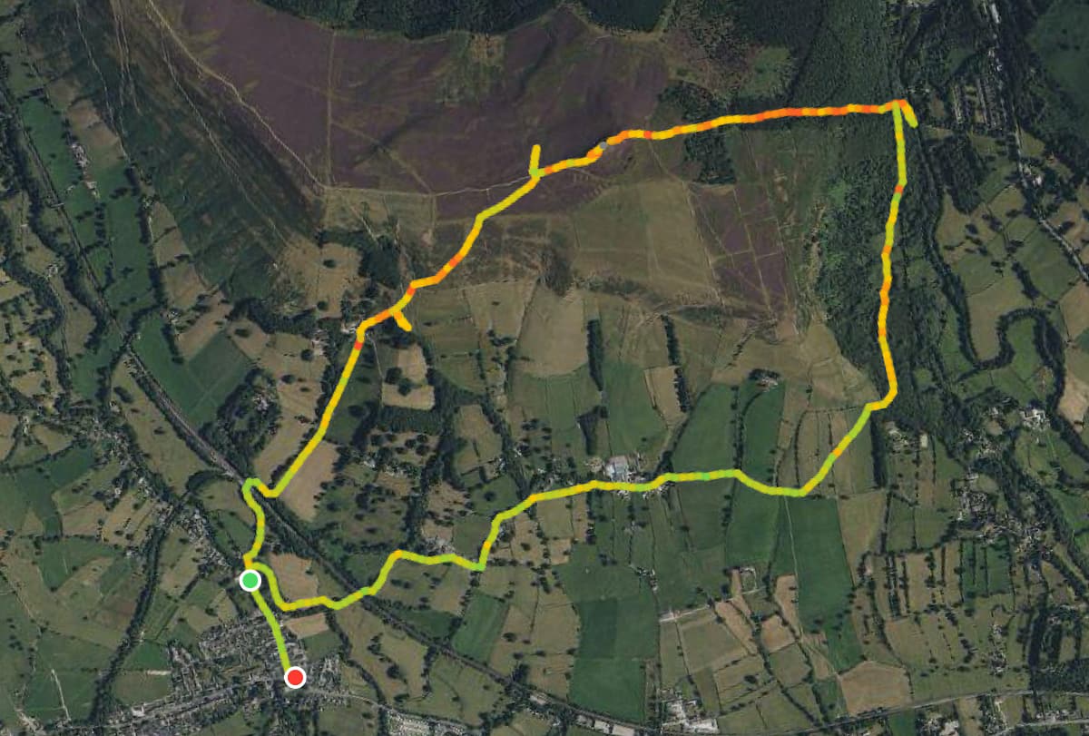 A satellite map view of a hike around Win Hill, showing extra exertion in the steeper areas