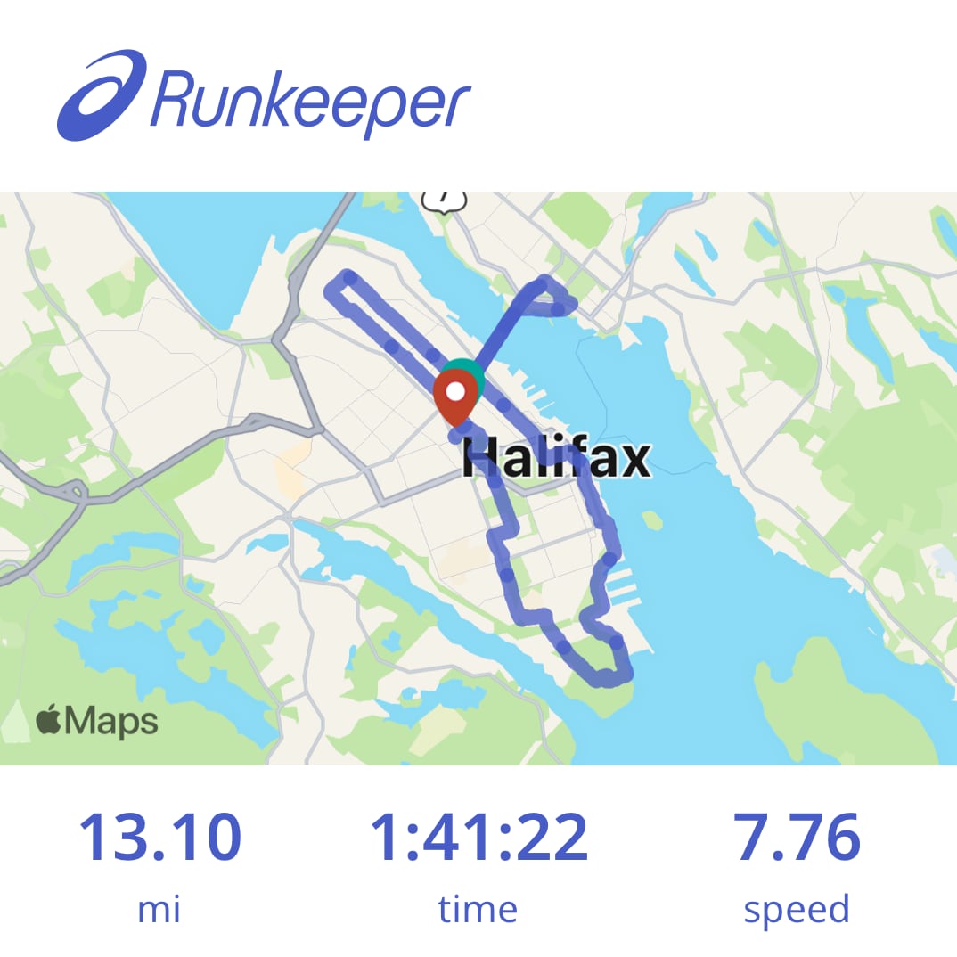 A RunKeeper map of a half-marathon route around Halifax with a time of 1:41